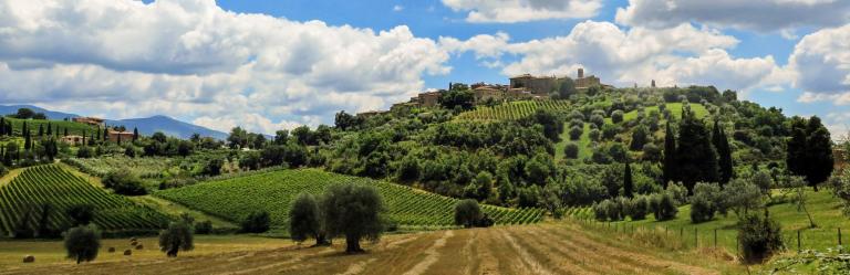 Italy walking holiday through Tuscan vineyards and hilltop village under blue sky