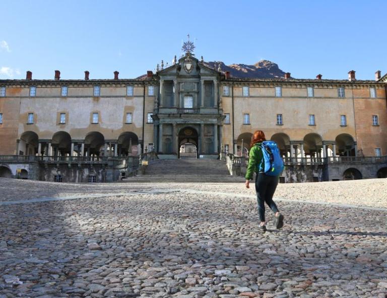 woman on a self-guided tour in Oropa Sanctuary, Italy