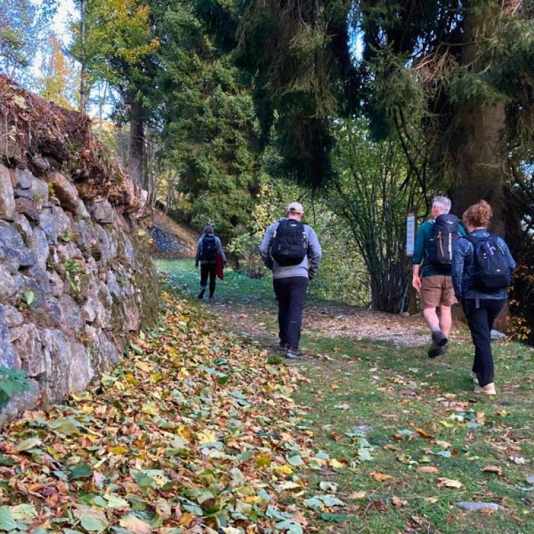 Walking holiday in Italy on forest trail with hikers and autumn leaves