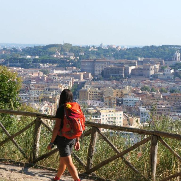 walker entering Rome at the end of the Via Francigena Viterbo to Rome Pilgrimage