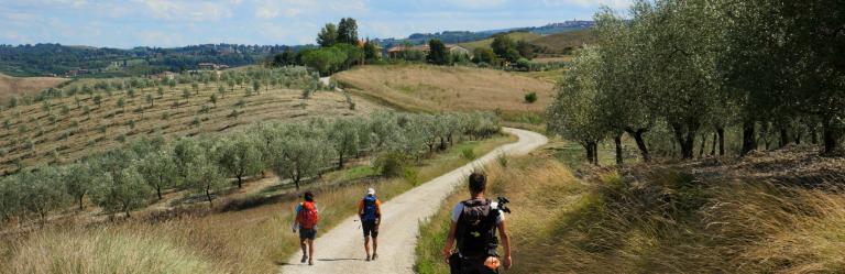 Walkers on Via Francigena path between Lucca and Siena