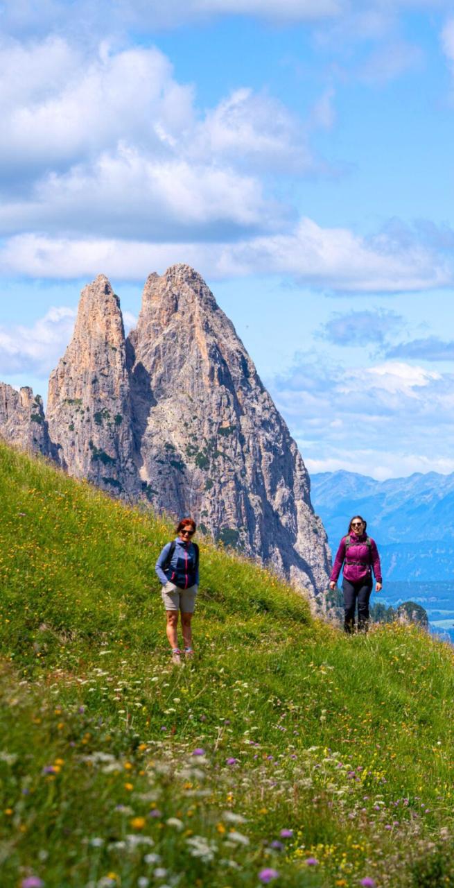 Two hikers walking along a green mountain trail in the Dolomites, part of the Sentiero del Castagno in South Tyrol