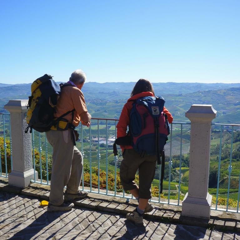 Hikers enjoying a sweeping viewpoint over Langhe vineyards along the barolo walking trails