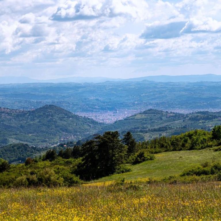 Wide panoramic view over Tuscany seen from the Via degli Dei pilgrimage path