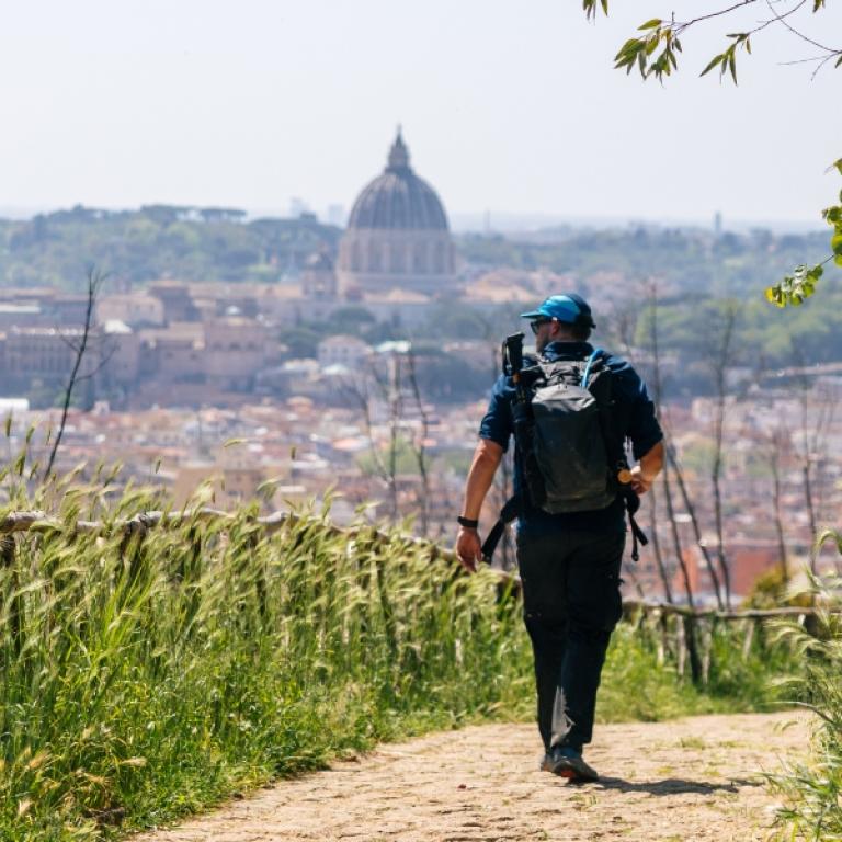 Pilgrims celebrating their arrive in Rome at the end of Francigena pilgrimage