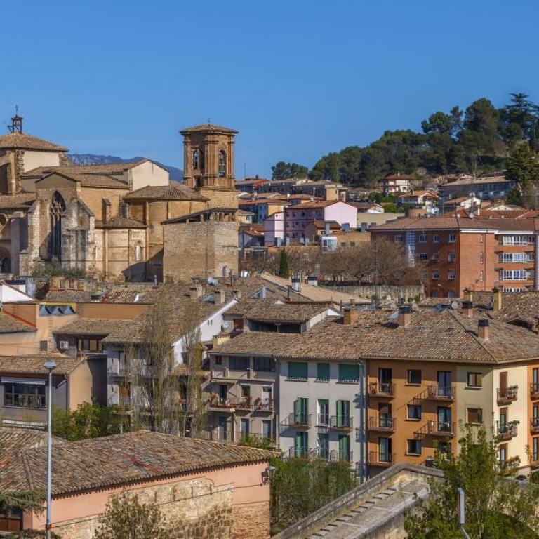 Hilltop medieval town in Navarra seen along the peaceful early stages of the Camino de Santiago.