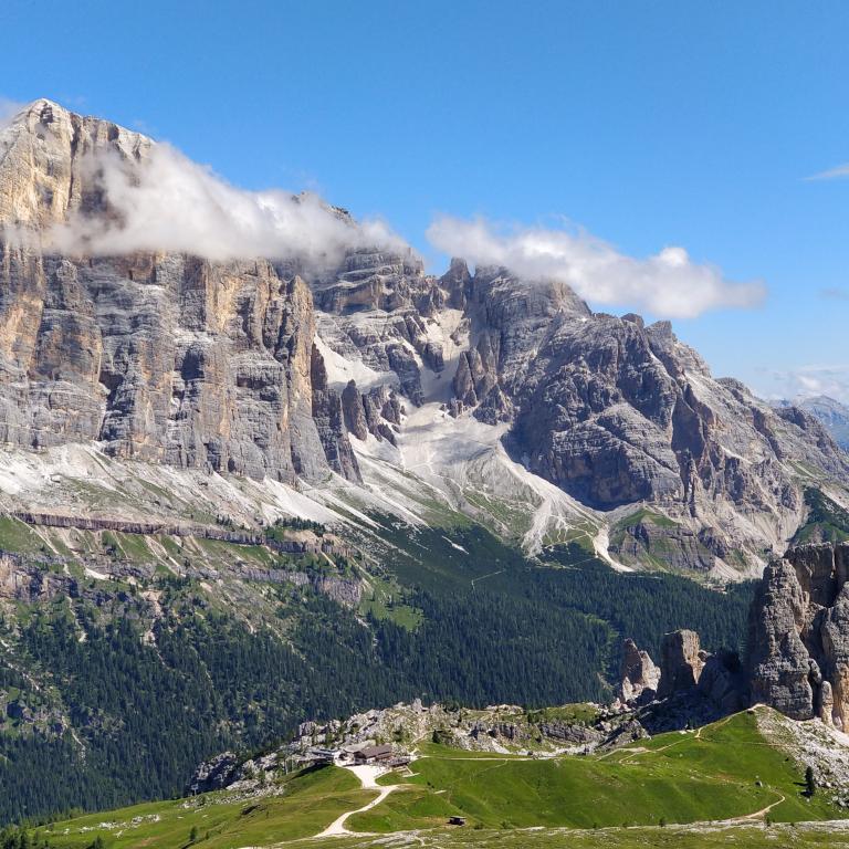 Panoramic view of glaciers and ridges on the Dolomites Alta Via 1