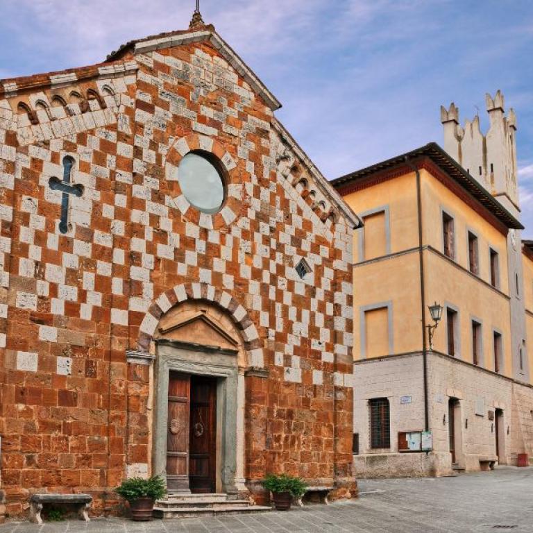 checkered church on the Etruscan Way Buonconvento Chiusi route