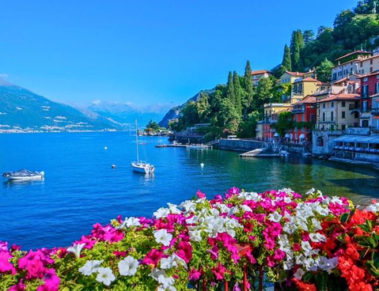 Vibrant flowers overlooking the blue waters of Lake Como and its picturesque villages on a hiking trail