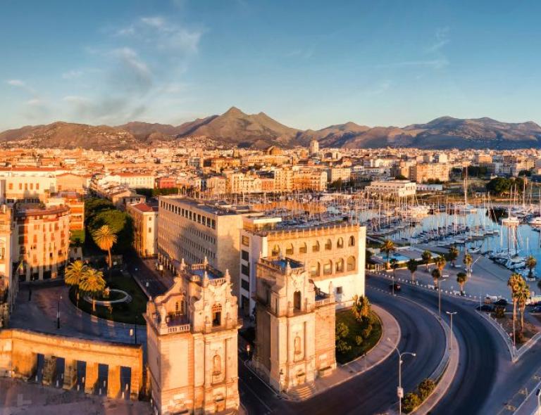 Palermo Sicily view of palaces at sunset
