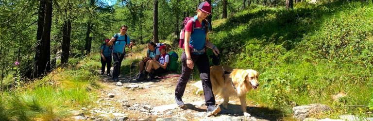 Escursionisti in viaggio a piedi con il cane