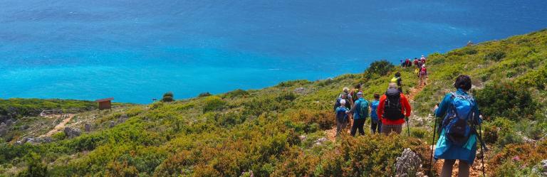 Hikers on a lush coastal trail overlooking the deep blue Ionian Sea.